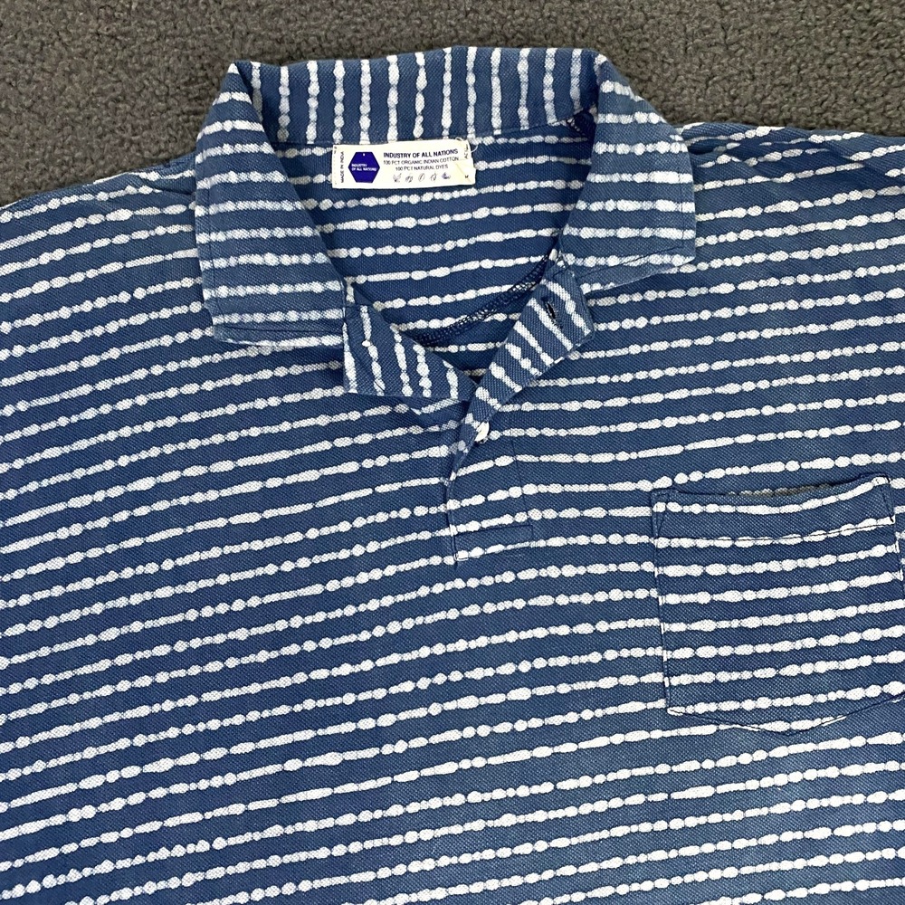 Industry Of All Nations Polo Shirt Mens XL Organic Cotton Stripe Knit Indigo